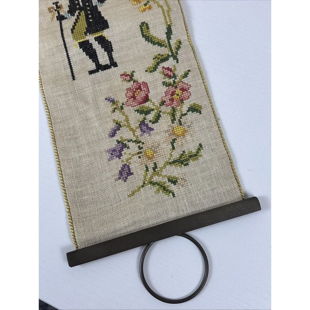 VTG Bell Pull Cross-Stitch Needlepoint Fabric Victorian Colonial Floral Couples